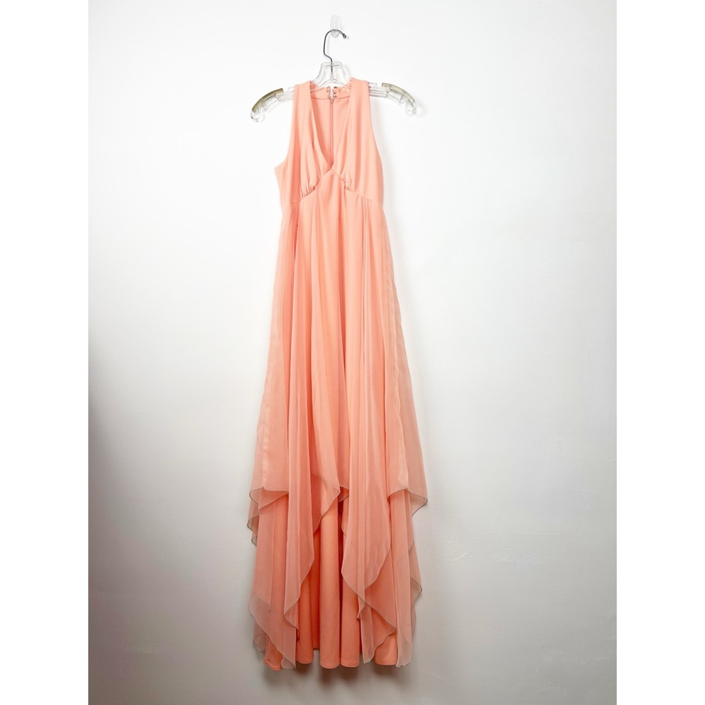 VNTG 70s Sleeveless Peach Handkerchief Gown w Sheer Cape and Neck Scarf